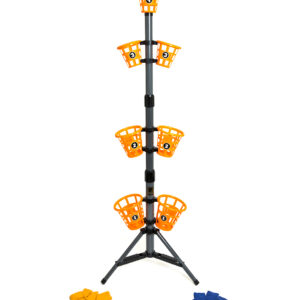 Two sets of bean bags (orange and blue) with buckets on a vertical pole