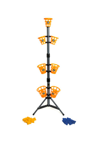 Two sets of bean bags (orange and blue) with buckets on a vertical pole