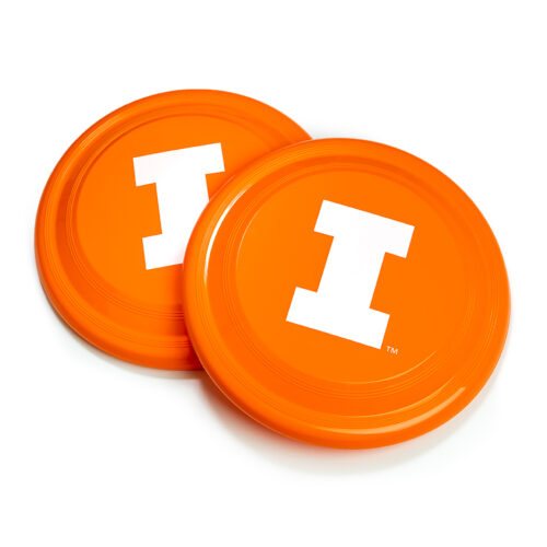 Two orange frisbees with a white block I logo